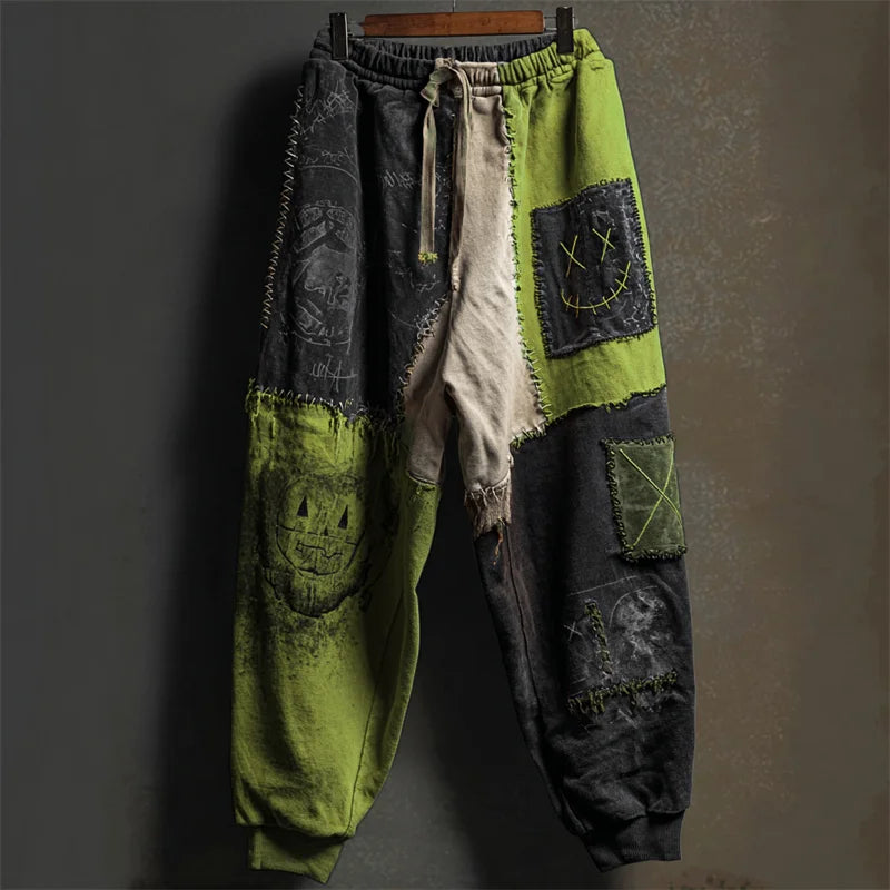 Halloween Stitched Faces Colorblock Patchwork Sweatpants