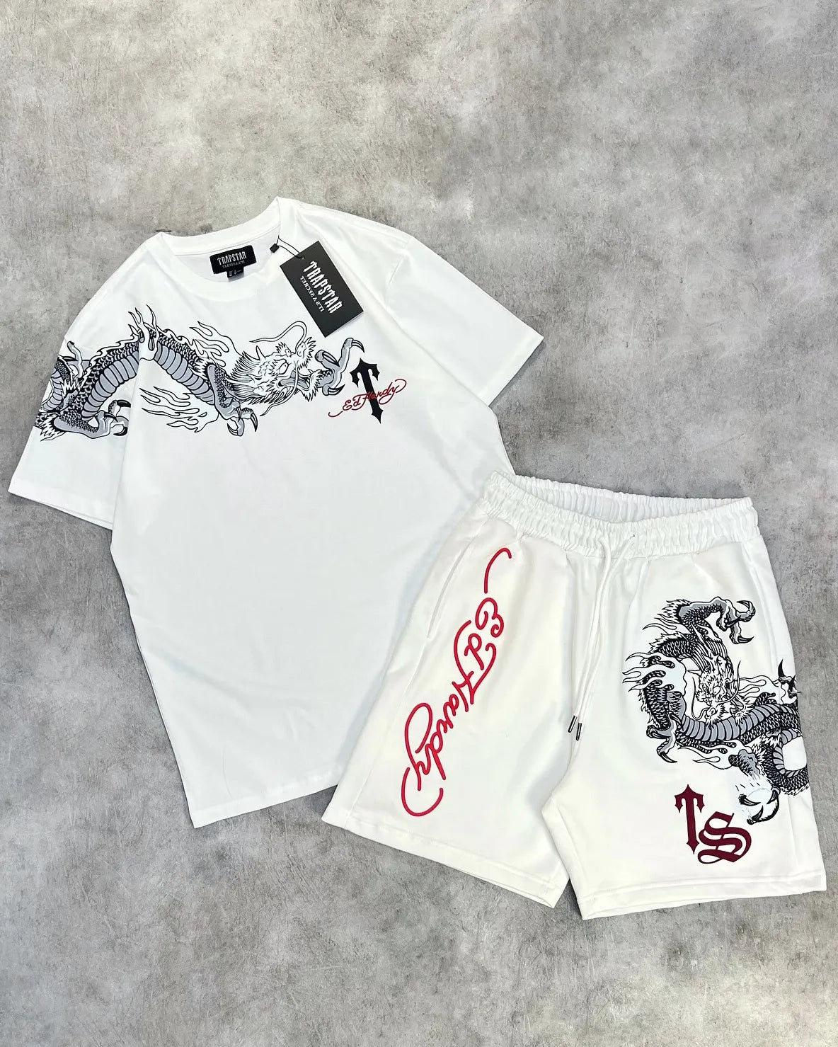 TRACKSUIT TRAPSTAR Dragon Alphabet Printed White T-Shirt And Shorts Co-Ord