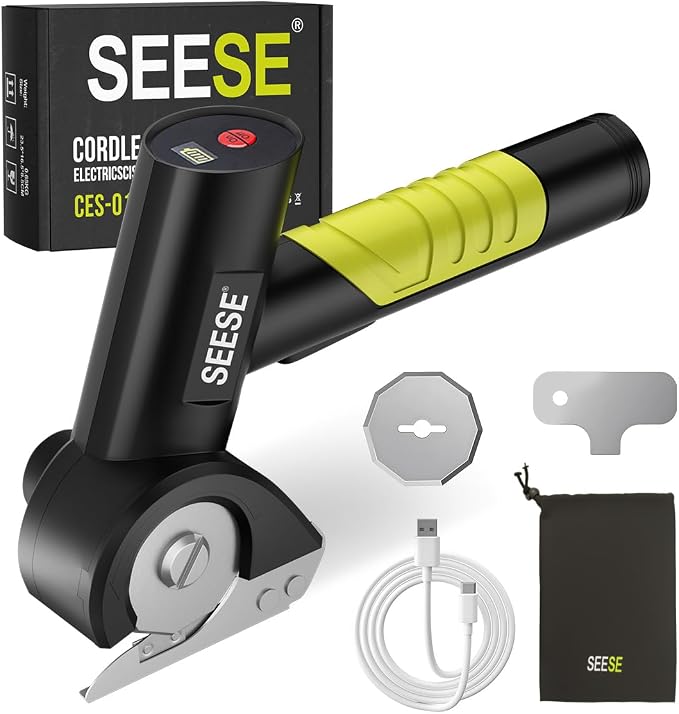 SEESE Rechargeable Cordless Electric Scissors: Electric Cardboard Box Cutter with 2 Safety Blades & Storage Pouch - Cuts Cardboard, Leather, Fabric, and Plastic