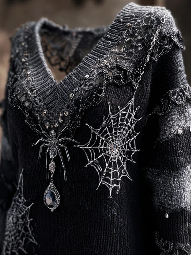 Halloween Gothic Crystal Spider & Spiderweb Embroidered Cozy Sweater