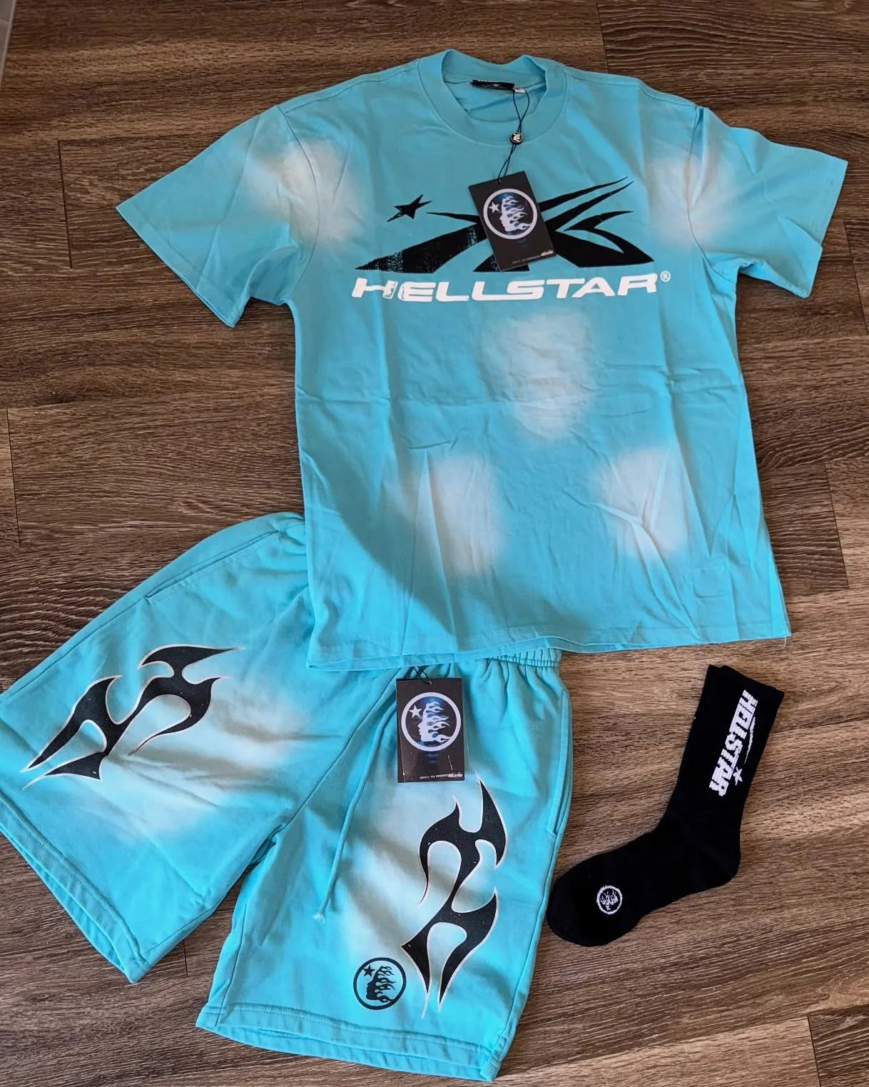 Hellstar Blue Graffiti Letters T-Shirt And Shorts Co-Ord