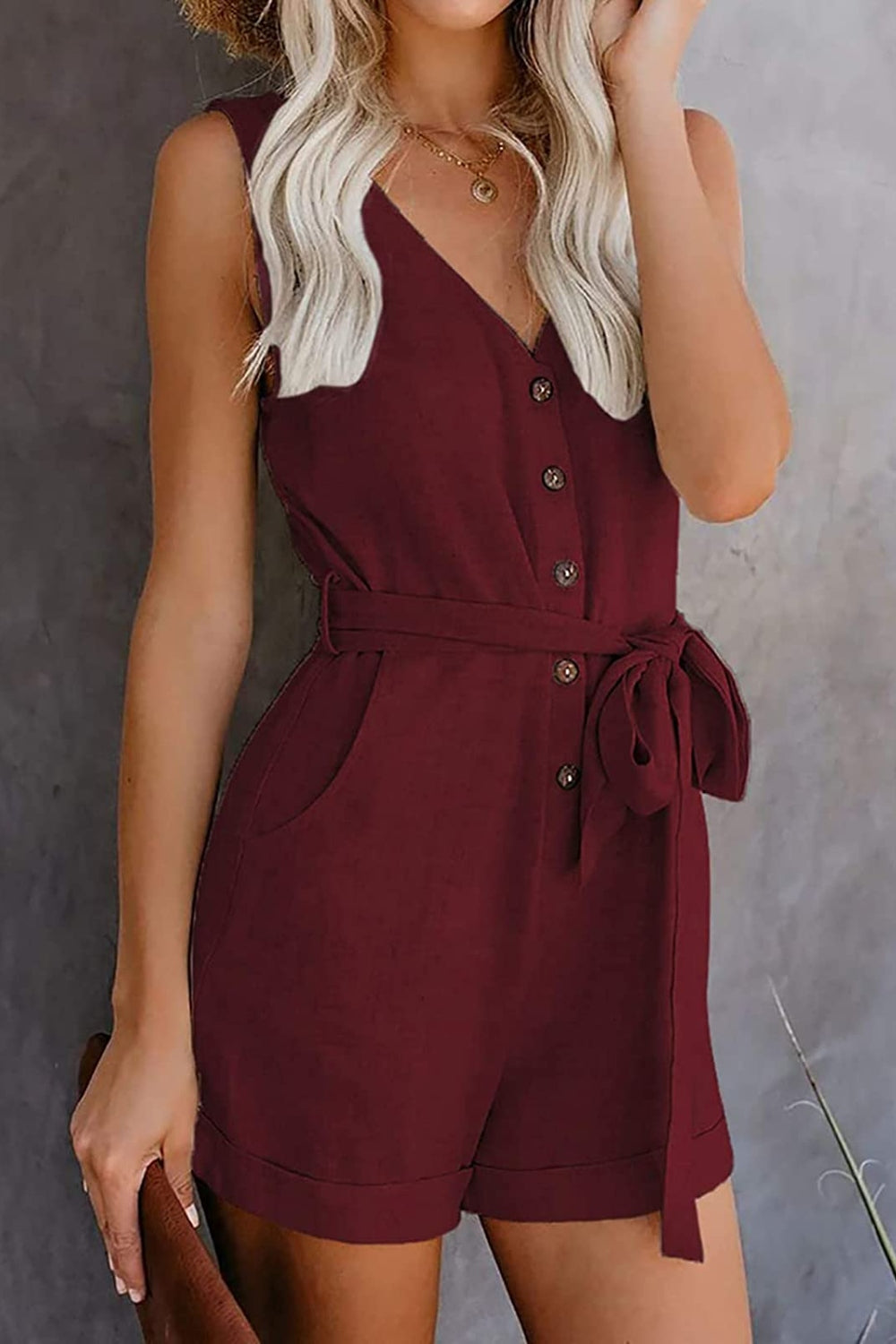 Full Size Tied V-Neck Sleeveless Romper with Pockets