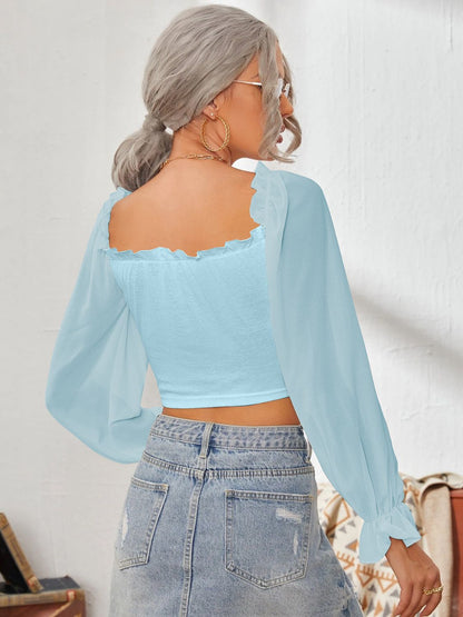 Mesh Sweetheart Neck Flounce Sleeve Top