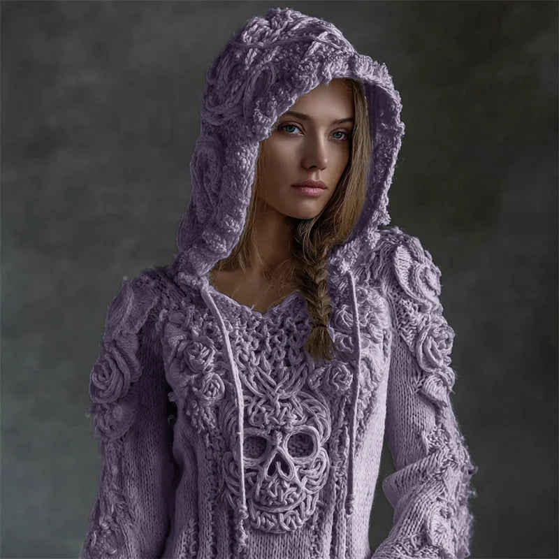 Vintage White Roses Viking Celtic Skull Hooded Cozy Knit Sweater