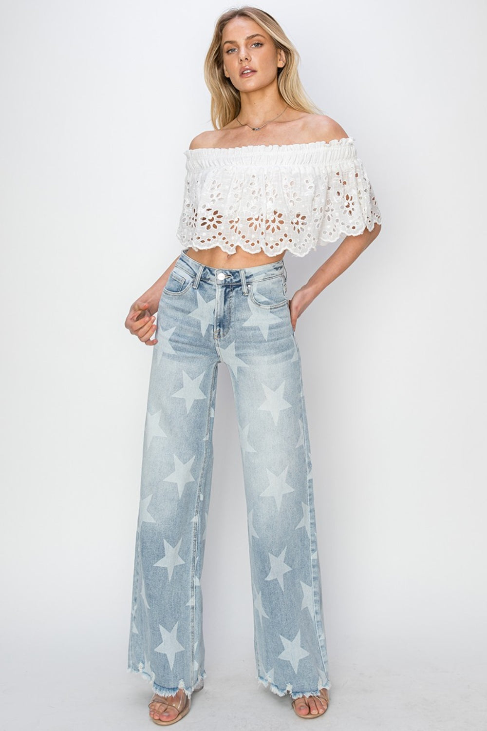 RISEN Full Size Raw Hem Star Wide Leg Jeans