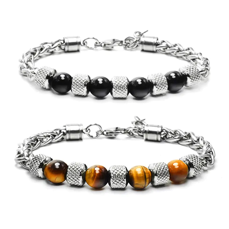 New Men's Adjustable Natural Stone Bead Stainless Steel Bracelet