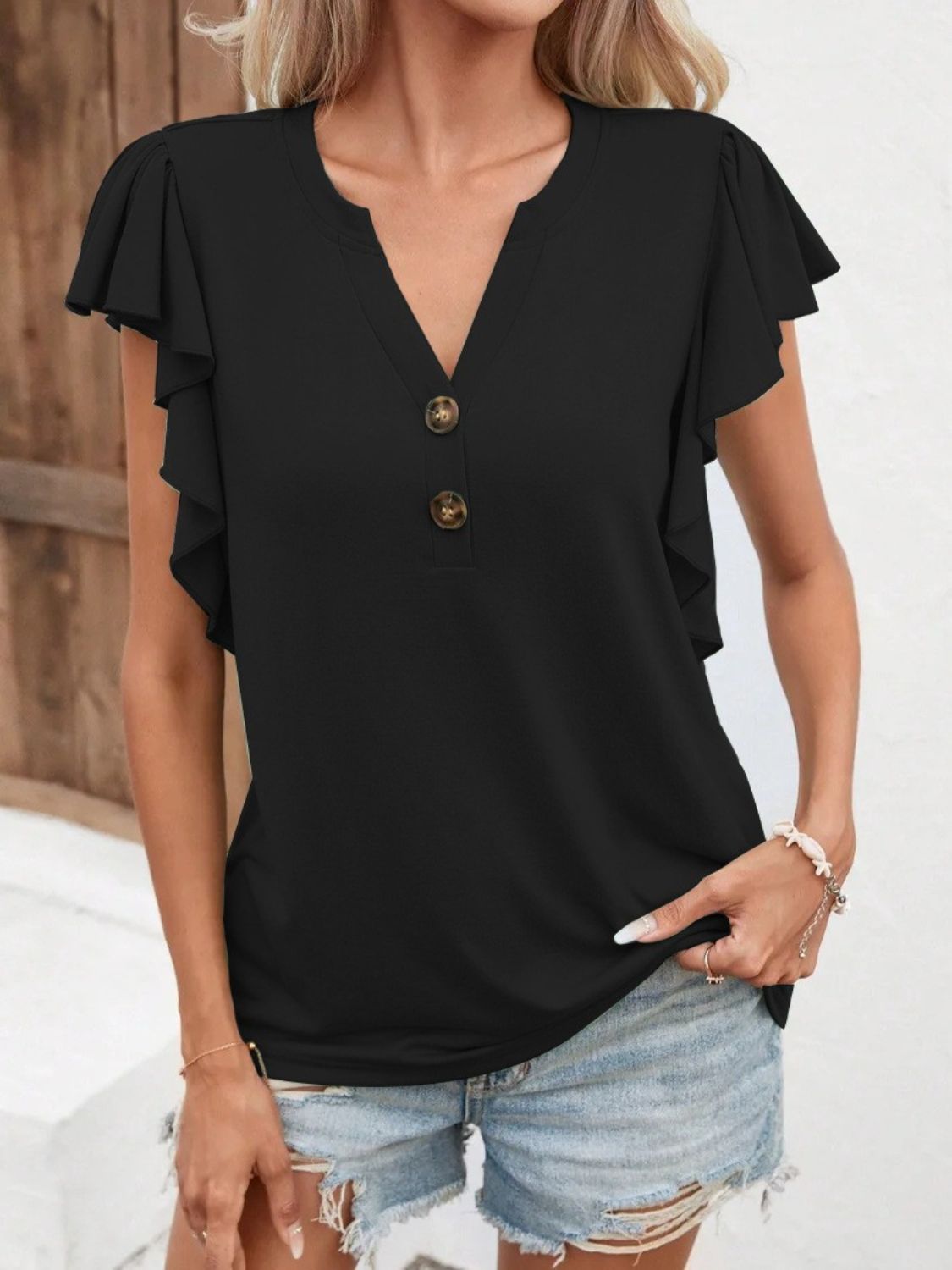 Full Size Ruffled Notched Cap Sleeve T-Shirt