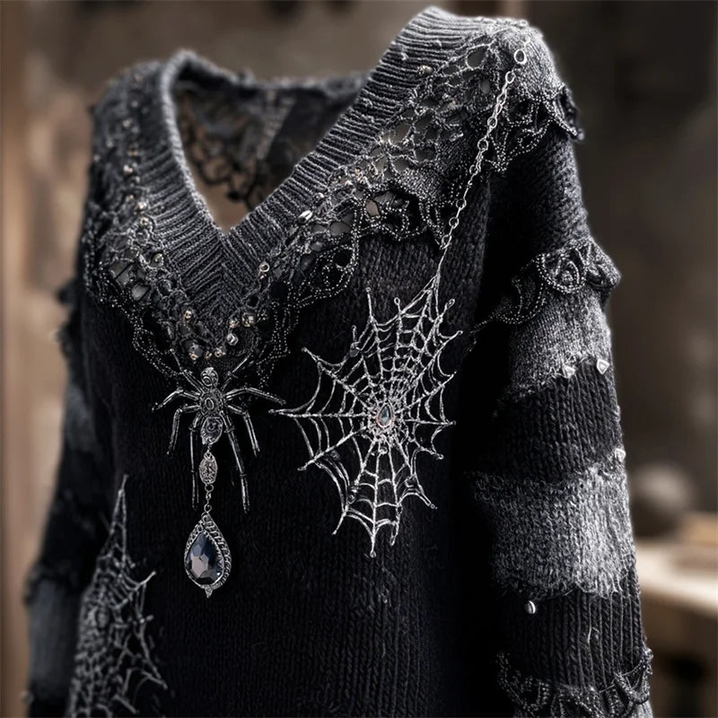 Halloween Gothic Crystal Spider & Spiderweb Embroidered Cozy Sweater