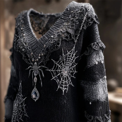 Halloween Gothic Crystal Spider & Spiderweb Embroidered Cozy Sweater