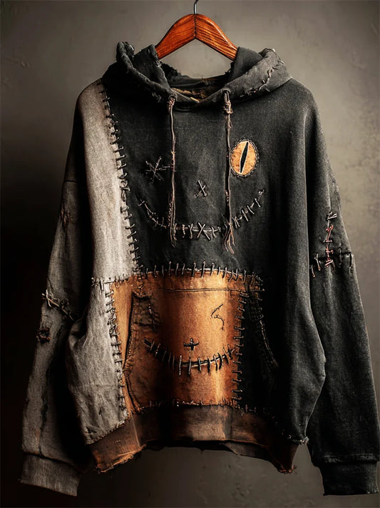 Halloween Black Cat Face Colorblock Patchwork Washed Hoodie