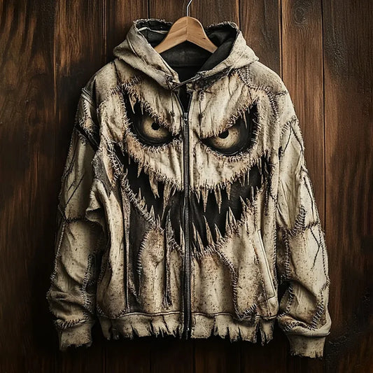 Halloween Horror Scary Face Stitch Patchwork Pattern Washed Men's Zip-up Hoodie