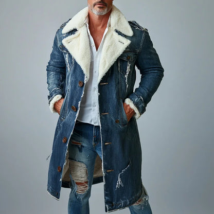 Men's Fashion Lapel Collar Single Breasted Pocket Fleece-Lined Ripped Denim Overcoat