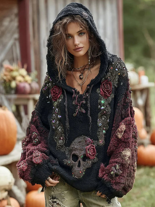 Rose And Skull Embroidered Gothic Chunky Knit Hooded Sweater