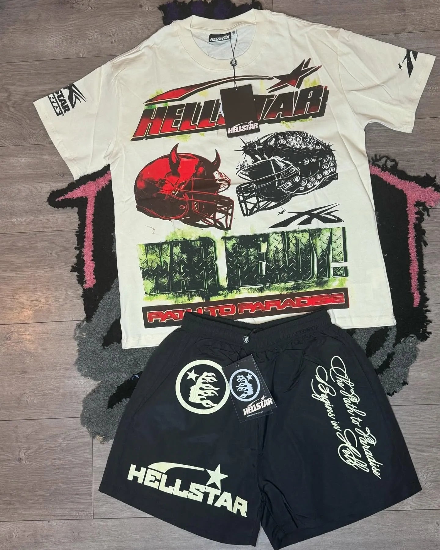 Hellstar Racing Helmet Print T-Shirt And Shorts Co-Ord
