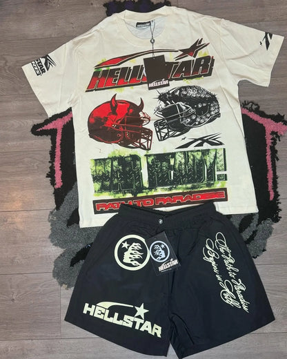 Hellstar Racing Helmet Print T-Shirt And Shorts Co-Ord