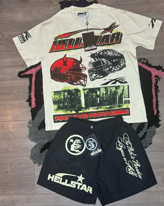 Hellstar Racing Helmet Print T-Shirt And Shorts Co-Ord