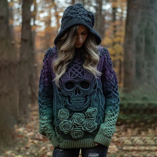 Women's Viking Tribal Jacquard Celtic With Rose And Skull Inspired Chunky Knit Hooded Sweater