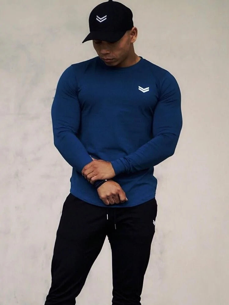 Men's Solid Color Long Sleeve Cotton T-Shirt: Spring Jogger Sports Muscle Exercise (3XL)