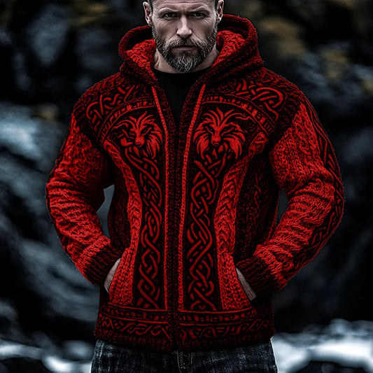 Men's Viking Wolf Style Celtic Thick Zip Hooded Sweater
