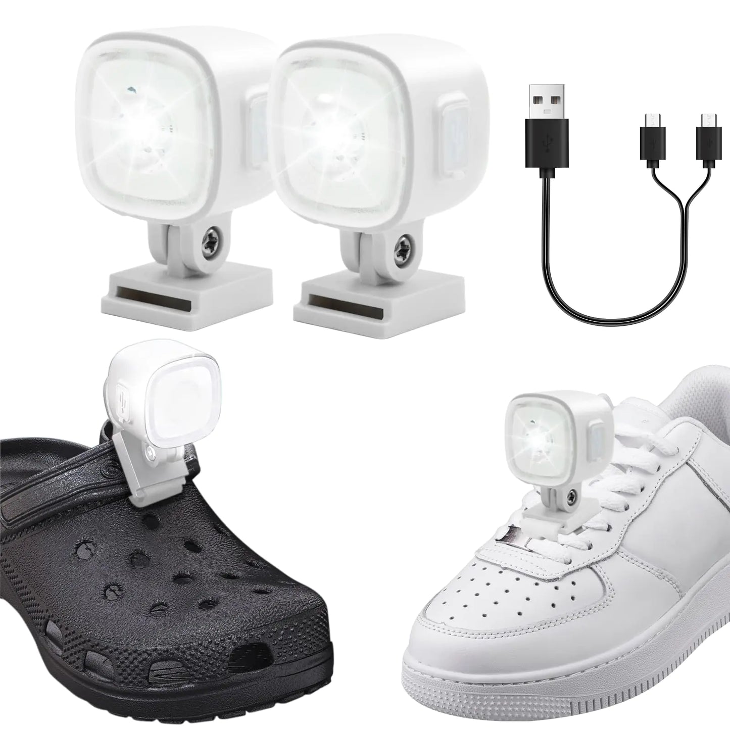 Vergissm Headlights for Croc 2 Pcs Rechargeable Croc Light for Shoes Waterproof Flashlights for Croc Kids Adults Super Bright LED Shoes Light 4 Light Modes Light Up Charm Accessories (White)