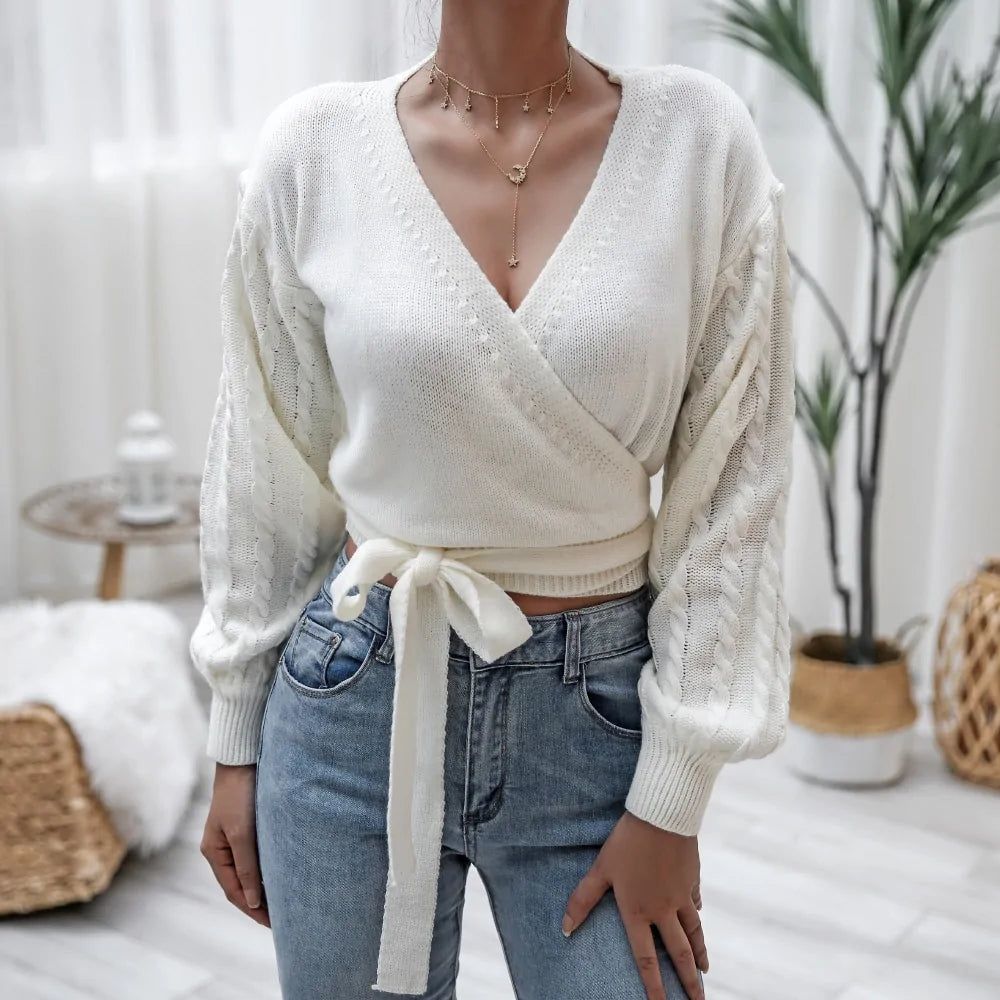 DEWADBOW 2021 Spring Autumn V-Neck Bandage Cross Wrap Women's Knitted Sweaters