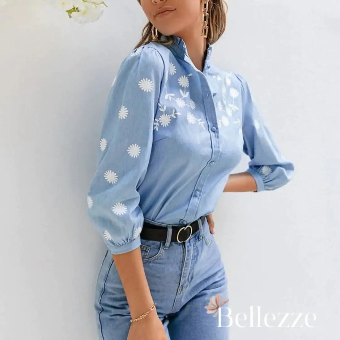 Spring and Autumn 2024 New Denim Blue Lace Shirt