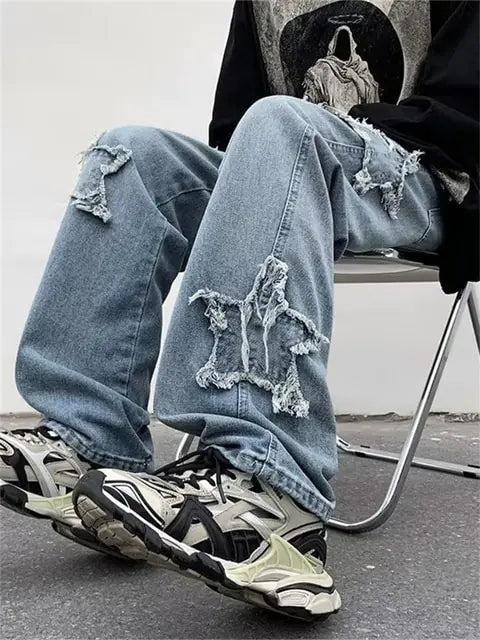 New Fashion Stars Towel Embroidery Brown Baggy Men Jeans Pants