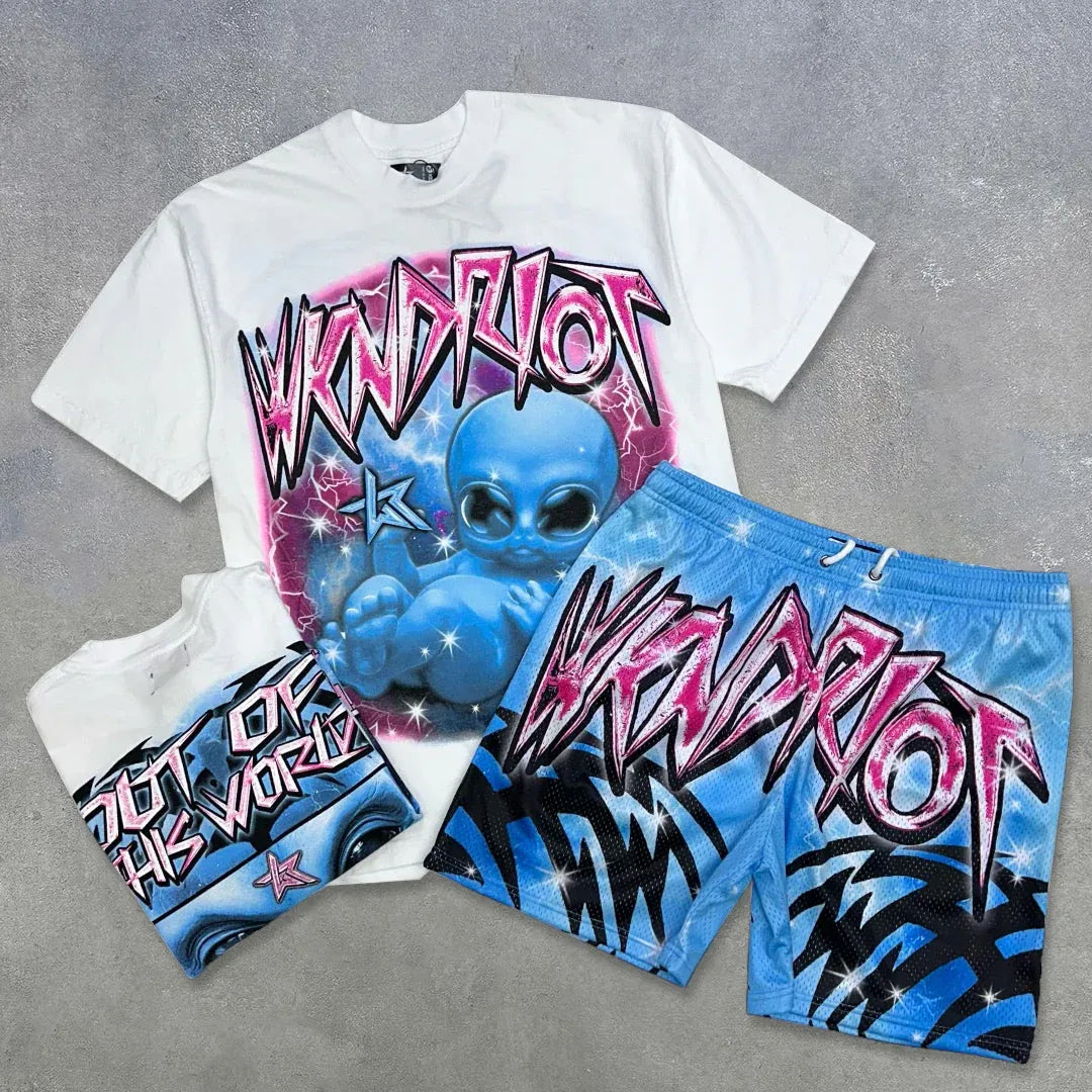 Wknd Riot White 'Baby Alien' T-Shirt And Shorts Co-Ord