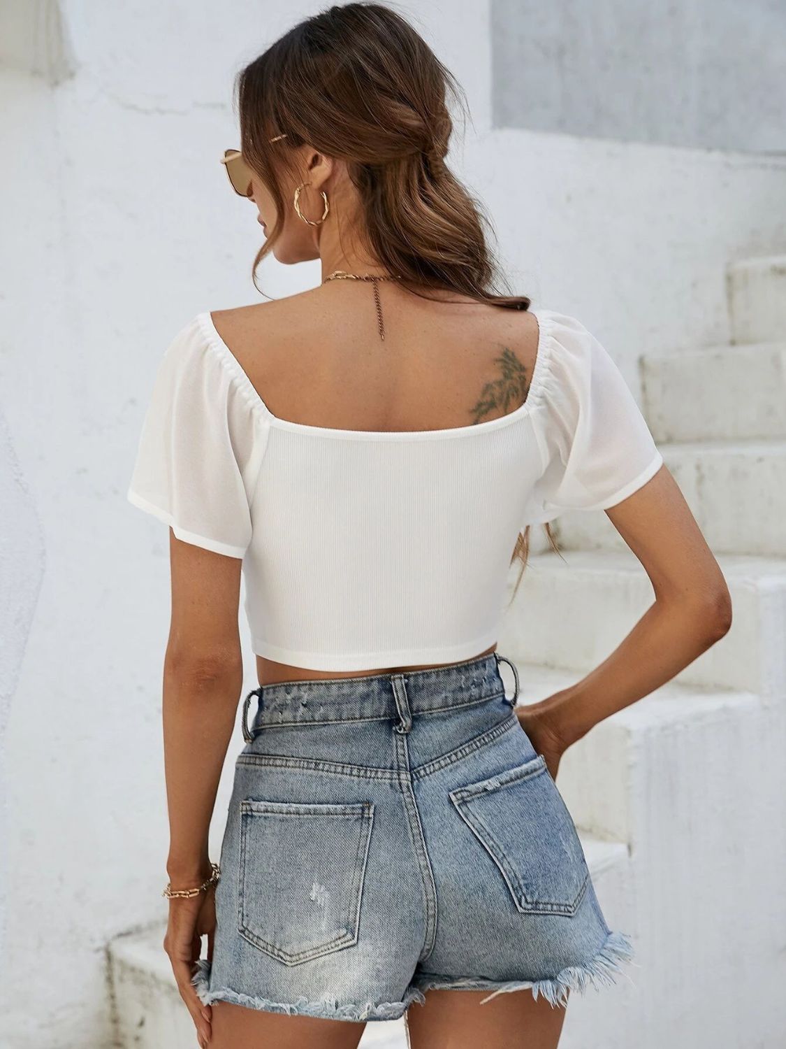 Drawstring Short Sleeve Crop Top