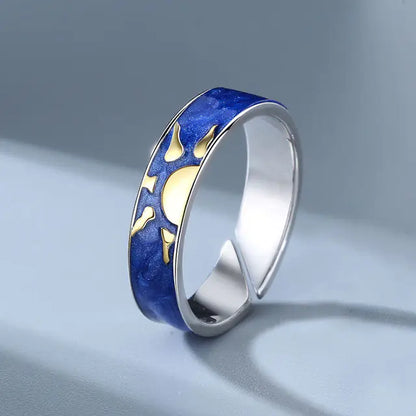 JWER Blue Drop Glaze Sun Moon Couple Rings