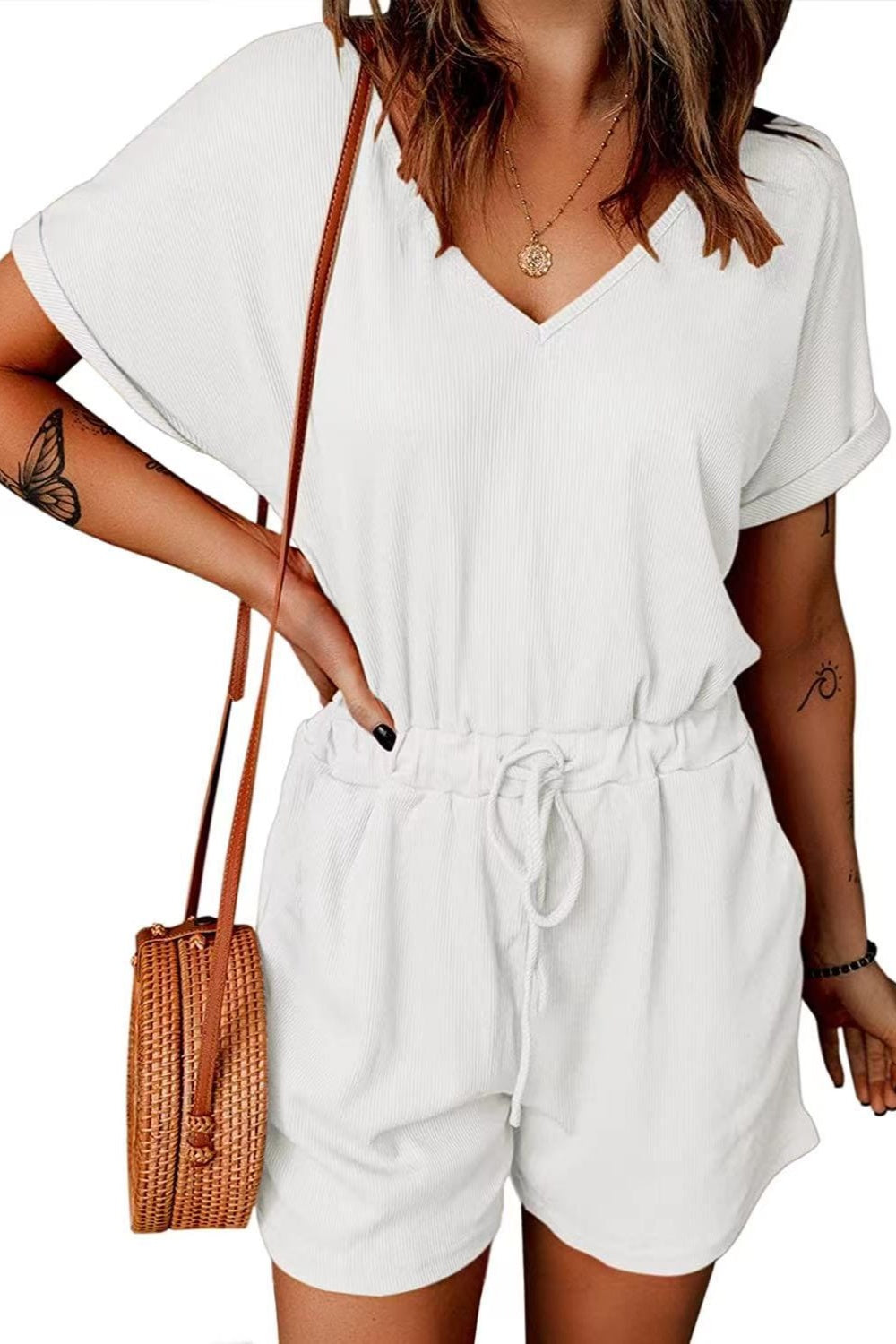 Full Size Drawstring V-Neck Short Sleeve Romper