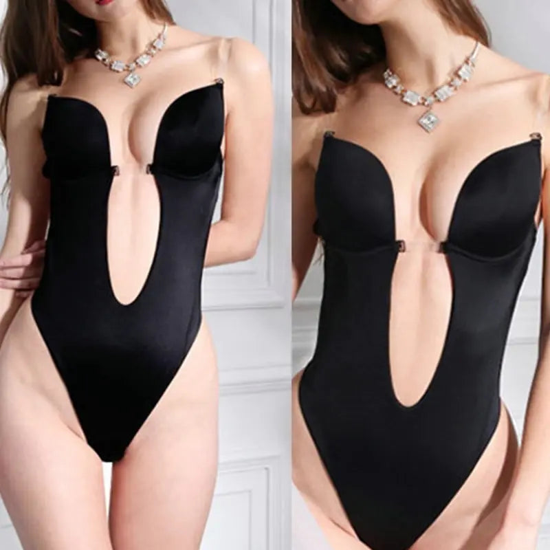 Women Sexy U Plunge Backless Bodysuit Deep V-Neck Seamless Thong Bottom Underwear Padded Push Up Body Shapewear Top for M6CD