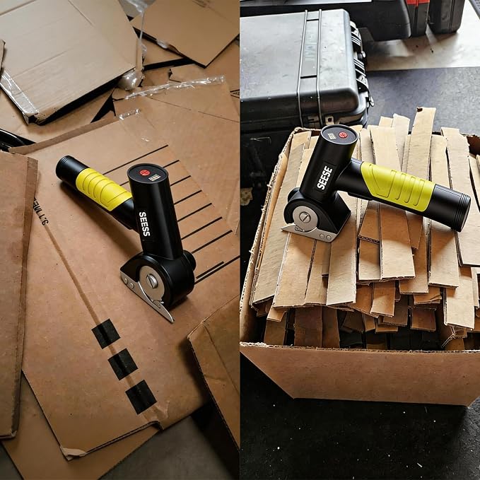 SEESE Rechargeable Cordless Electric Scissors: Electric Cardboard Box Cutter with 2 Safety Blades & Storage Pouch - Cuts Cardboard, Leather, Fabric, and Plastic