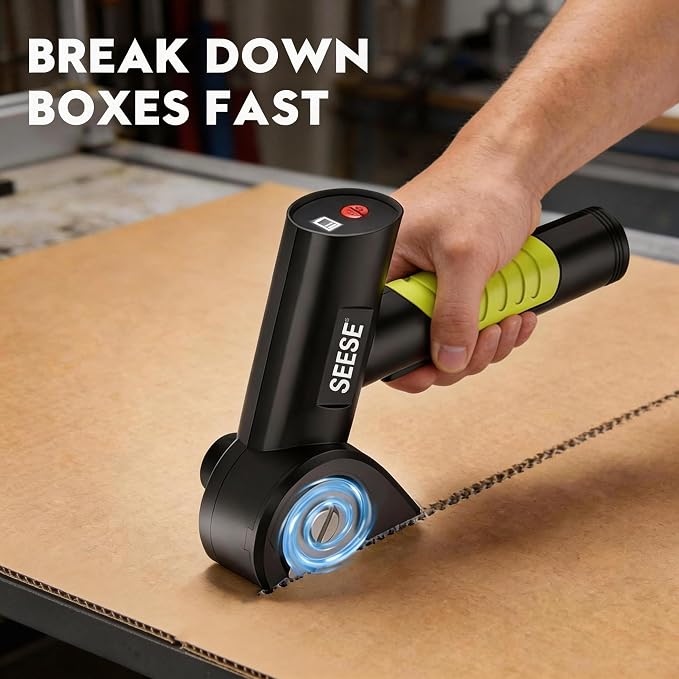 SEESE Rechargeable Cordless Electric Scissors: Electric Cardboard Box Cutter with 2 Safety Blades & Storage Pouch - Cuts Cardboard, Leather, Fabric, and Plastic