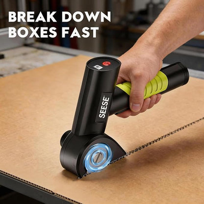 SEESE Rechargeable Cordless Electric Scissors: Electric Cardboard Box Cutter with 2 Safety Blades & Storage Pouch - Cuts Cardboard, Leather, Fabric, and Plastic