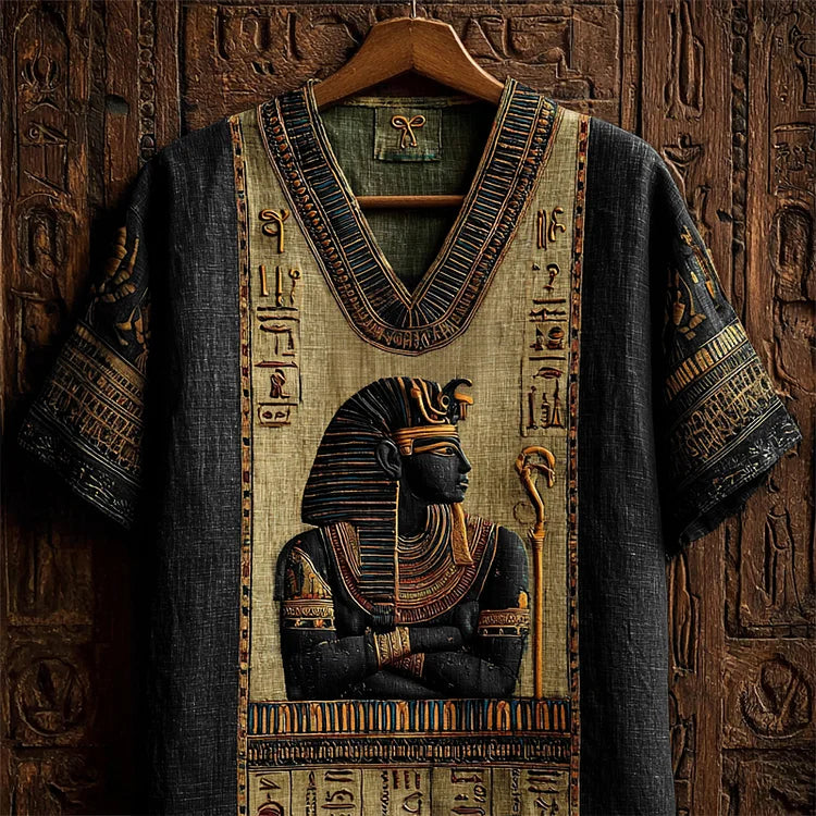 Ancient Egyptian Osiris & Runes Embroidered Contrast Linen Shirt