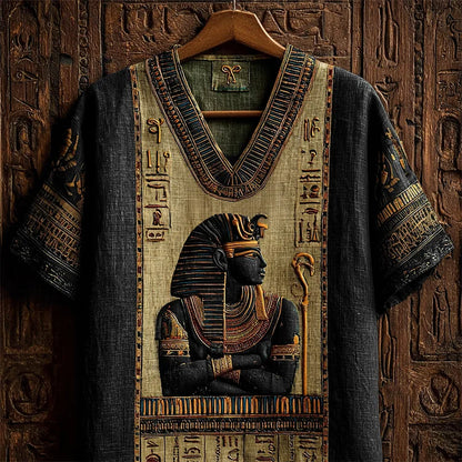 Ancient Egyptian Osiris & Runes Embroidered Contrast Linen Shirt