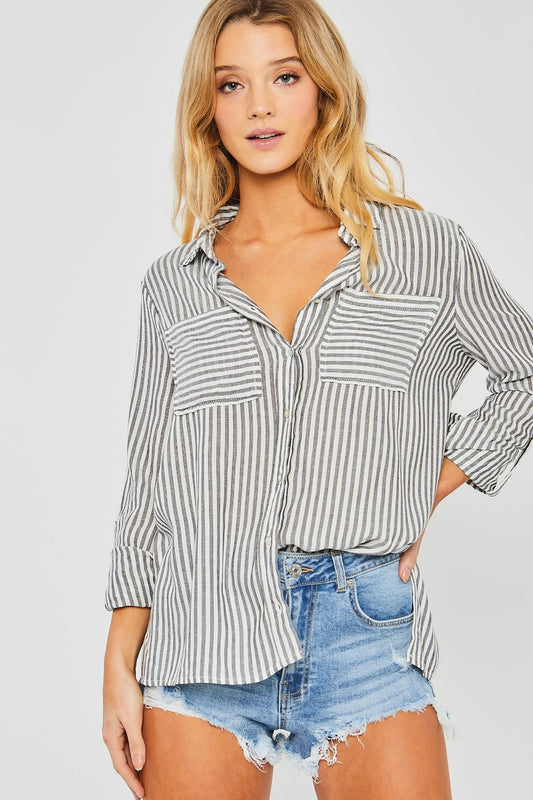 Love Tree Striped Collared Neck Long Sleeve Shirt