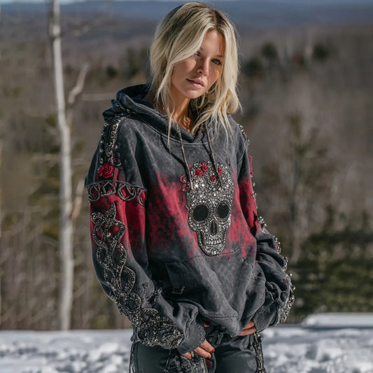 Women's Vintage Viking Tribal Skull Flower Gradien Art Cozy Hoodie