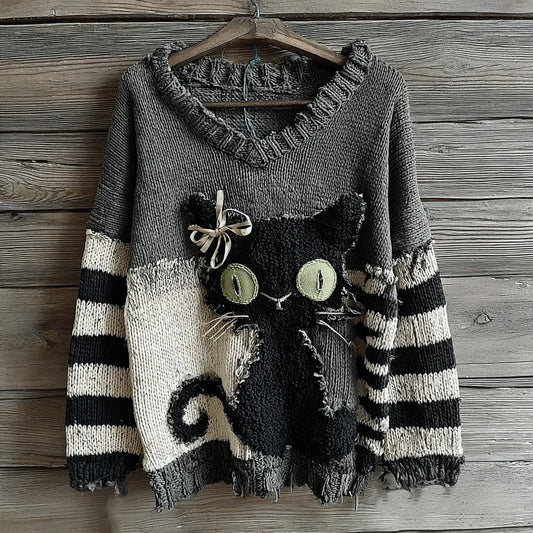 Halloween Black Cat Striped Patchwork Knitted V-neck Sweater