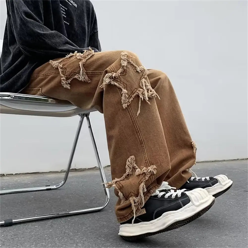 New Fashion Stars Towel Embroidery Brown Baggy Men Jeans Pants