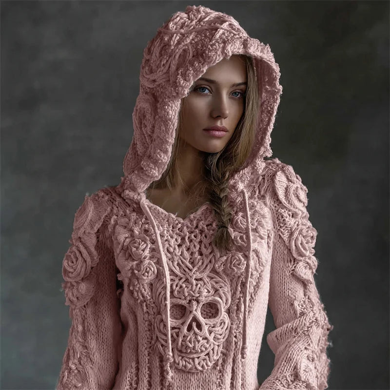 Vintage White Roses Viking Celtic Skull Hooded Cozy Knit Sweater