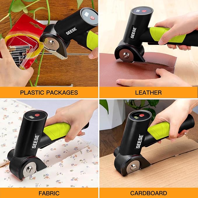 SEESE Rechargeable Cordless Electric Scissors: Electric Cardboard Box Cutter with 2 Safety Blades & Storage Pouch - Cuts Cardboard, Leather, Fabric, and Plastic