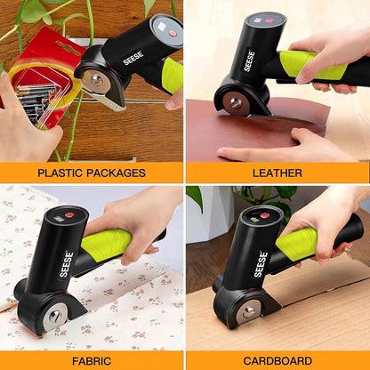 SEESE Rechargeable Cordless Electric Scissors: Electric Cardboard Box Cutter with 2 Safety Blades & Storage Pouch - Cuts Cardboard, Leather, Fabric, and Plastic