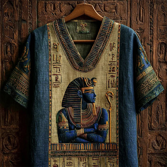 Ancient Egyptian Osiris & Runes Embroidered Contrast Linen Shirt