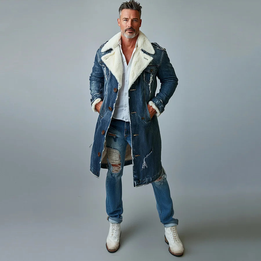 Men's Fashion Lapel Collar Single Breasted Pocket Fleece-Lined Ripped Denim Overcoat