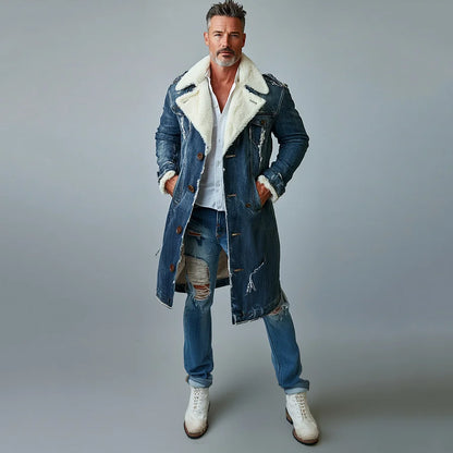 Men's Fashion Lapel Collar Single Breasted Pocket Fleece-Lined Ripped Denim Overcoat