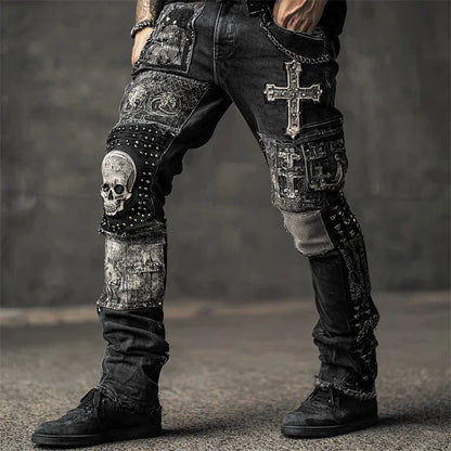 Men's Rock Style Skulls Cross Studded Patchwork Stretchy Jeans