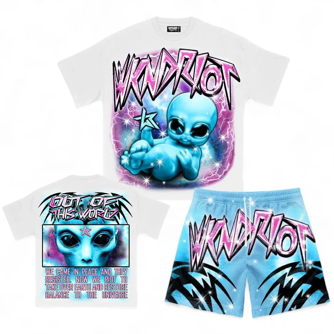 Wknd Riot White 'Baby Alien' T-Shirt And Shorts Co-Ord