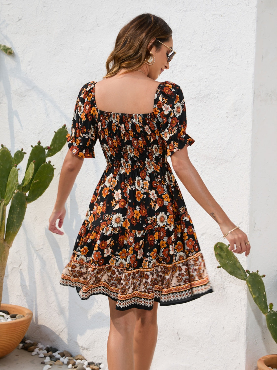 Printed Square Neck Short Sleeve Dress